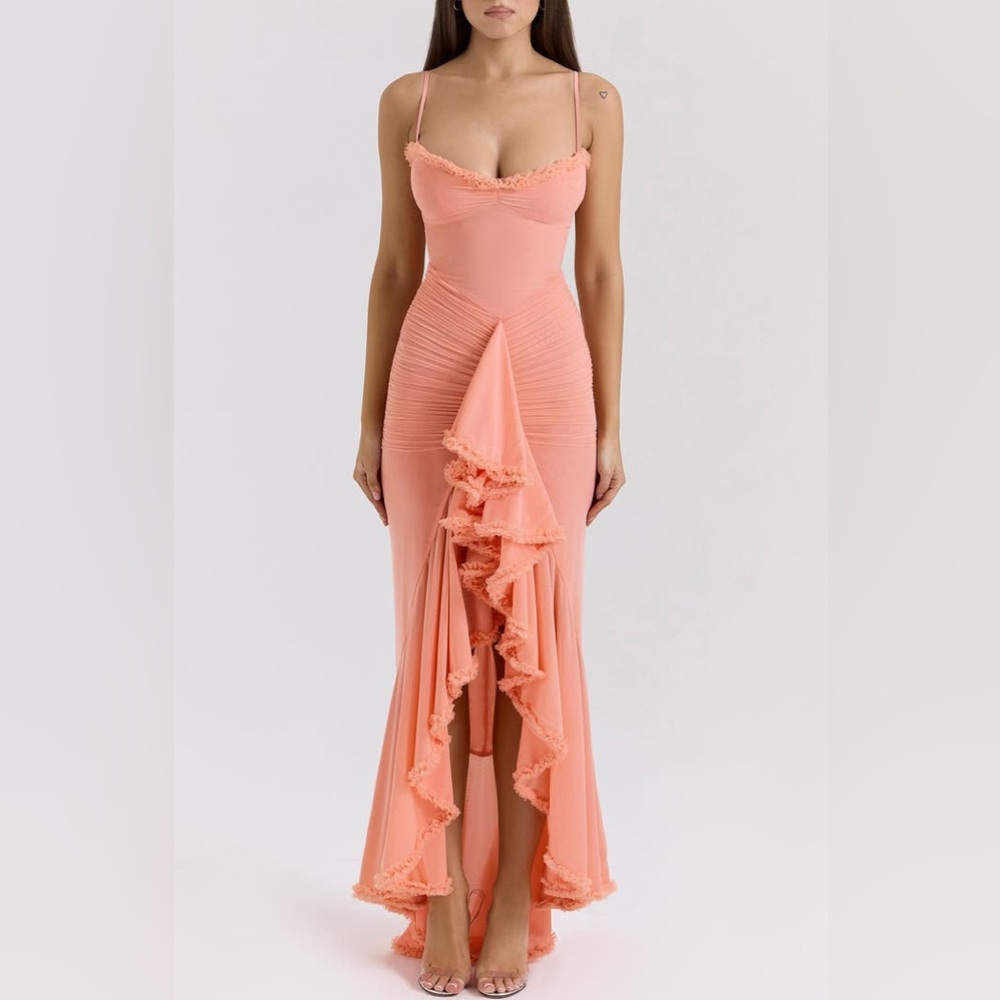 Gabbi Ruffle Mesh High-Low Cocktail Dress